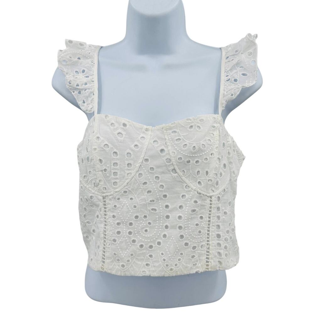 KIRIOUS Eyelet Lace Ruffle Sleeves Bustier Crop Top WMNS L White Eyelet Smocked